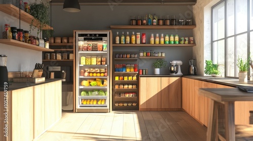 Photo of a modern kitchen with an open refrigerator filled with colorful food products, emphasizing a healthy lifestyle.