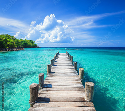 A wooden pier is in front of a beautiful blue ocean. The sky is cloudy, but the water is calm and clear.