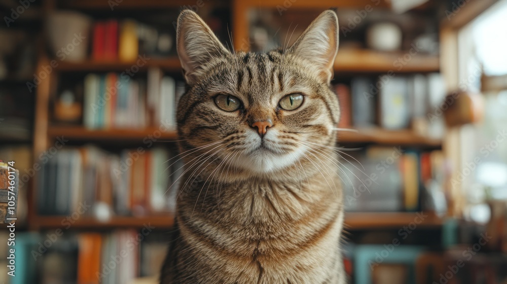 A close-up of a tabby cat sitting in front of a bookshelf. A close-up of a tabby cat sitting in front of a bookshelf.