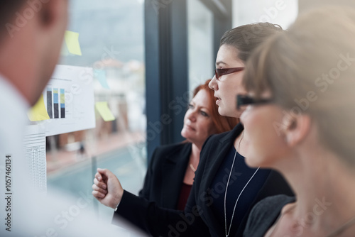 Brainstorming, group and reading of sticky notes, glass and collaboration of colleagues and ideas. Communication, teamwork and corporate people with information, underwriter and insurance company