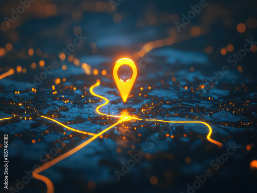 A glowing location pin stands out against a dark background with a city map beneath it. The pin represents a destination or point of interest.