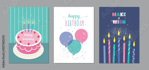 Set of lovely birthday cards design with cake, balloons, birthday candle and typography. Vector illustration.
