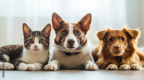 Three dogs and a cat are laying on the floor in front of a window