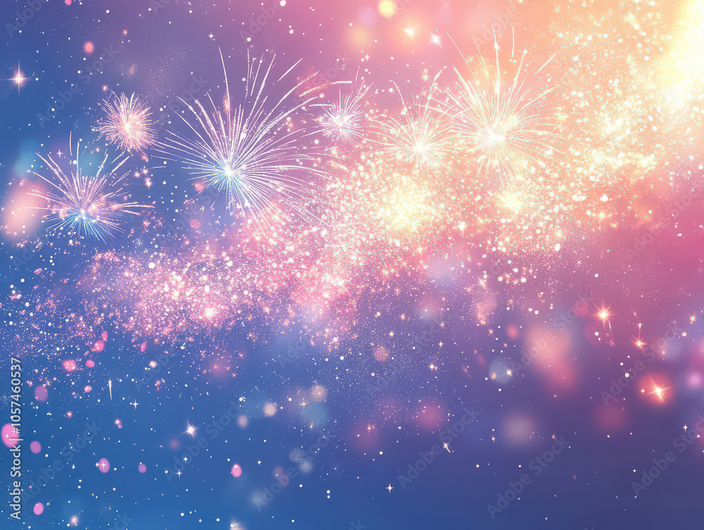 Fototapeta premium Festive fireworks burst across a glittery night sky, creating a magical backdrop.