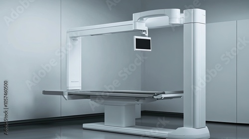 Photo of dental x-ray equipment in a medical facility with a gray background.