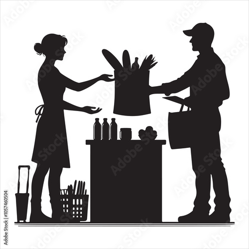 Black silhouette of a grocer weighing products on a white background