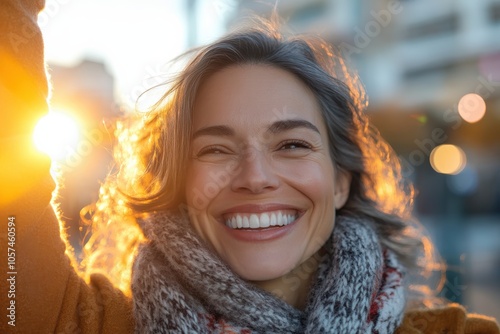 A cheerful woman with grey hair, wrapped in a scarf, beams with joy in the warm glow of a sunset, highlighting the simple pleasures and beauty of urban life.