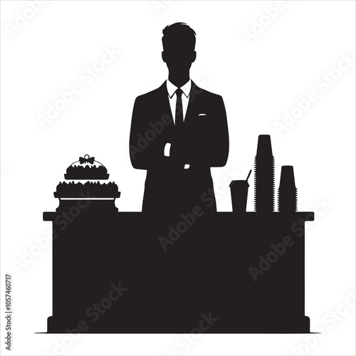 Black silhouette of a grocer weighing products on a white background