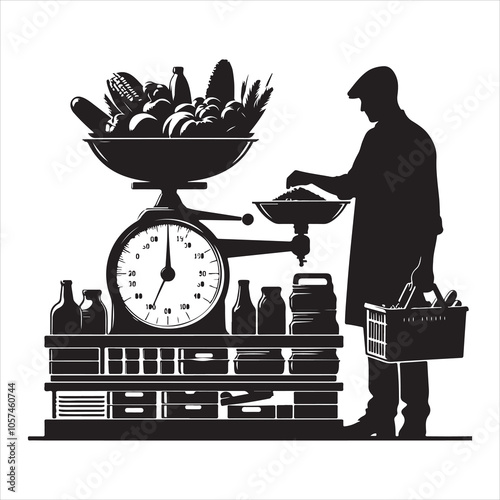 Black silhouette of a grocer weighing products on a white background