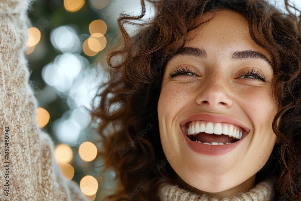A delighted young woman with freckles and curly hair experiencing joy in a festively lit setting, reflecting the warmth and happiness of the holiday season. A delighted young woman with freckles and curly hair experiencing joy in a festively lit setting, reflecting the warmth and happiness of the holiday season.