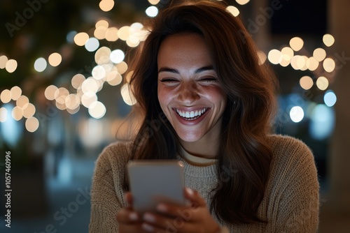 A woman with a phone, smiling amid festive lights, exudes warmth and happiness. Her surroundings reflect the holiday season and a sense of joy.