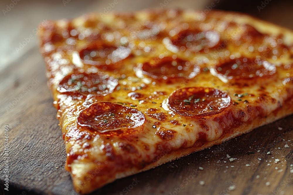 A slice of pepperoni pizza on a wooden surface, showcasing melted cheese and toppings.