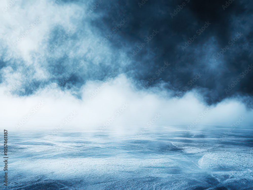 A dramatic, blue sky with a thick layer of clouds hovering over a frozen, snowy field. A dramatic, blue sky with a thick layer of clouds hovering over a frozen, snowy field.