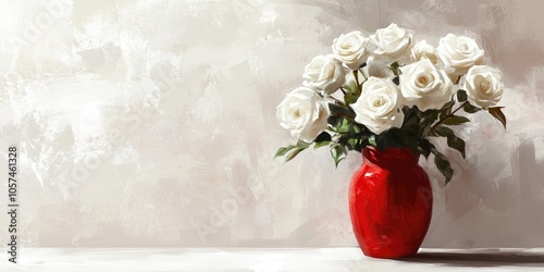 Fototapeta Naklejka Na Ścianę i Meble -  A digital illustration beautifully captures a scene with white roses elegantly arranged in a red vase, set against a stark white wall, all rendered in a hand drawn style.