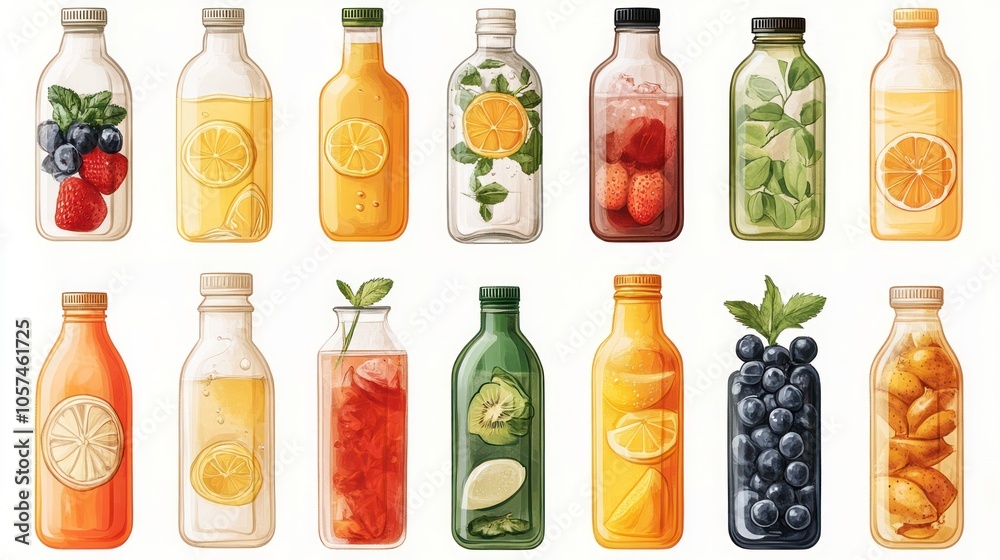 A collection of colorful juice bottles filled with various fruits and herbs. A collection of colorful juice bottles filled with various fruits and herbs.