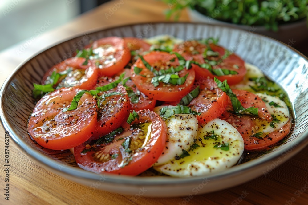 A vibrant plate of sliced tomatoes and mozzarella drizzled with herbs and olive oil. A vibrant plate of sliced tomatoes and mozzarella drizzled with herbs and olive oil.