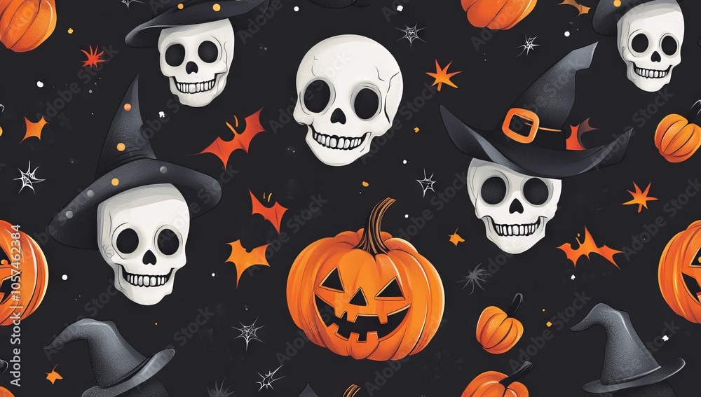 Halloween vector pattern with skulls, pumpkins, and witches hats on a black background, AI generated illustration Halloween vector pattern with skulls, pumpkins, and witches hats on a black background, AI generated illustration