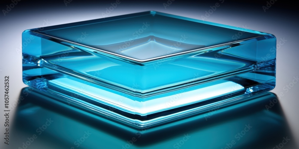A double layered clear blue glass square object with a subtle reflection of the glass surface in the background A double layered clear blue glass square object with a subtle reflection of the glass surface in the background