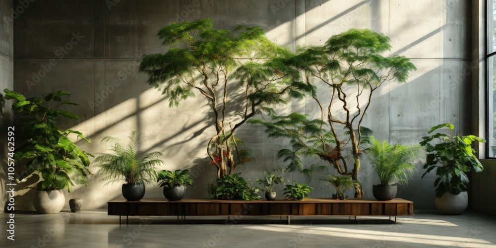 Sunlight Bathes a Minimalist Interior with a Collection of Lush Green Plants on a Wooden Shelf Sunlight Bathes a Minimalist Interior with a Collection of Lush Green Plants on a Wooden Shelf