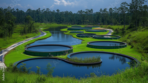 Sustainable Water Treatment Lagoons:  A serene aerial view showcases a modern, eco-friendly water treatment facility nestled within a lush green landscape. photo