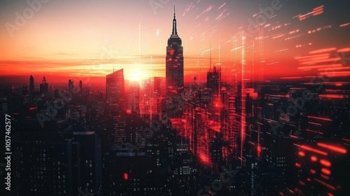 Real Estate Business Concept with Growing Stock Market Trends on Modern Skyscraper Background