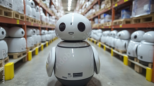 Robot Revolution: A single, friendly robot stands in a warehouse aisle, surrounded by rows of identical units, symbolizing automation and technological advancement. photo