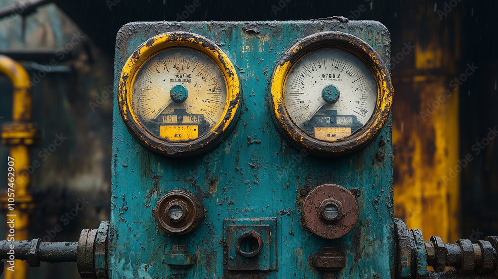 Rusty Industrial Gauges: Two weathered gauges on a rusty blue panel, suggesting a long history of industrial work and a sense of time-worn machinery. Rusty Industrial Gauges: Two weathered gauges on a rusty blue panel, suggesting a long history of industrial work and a sense of time-worn machinery.