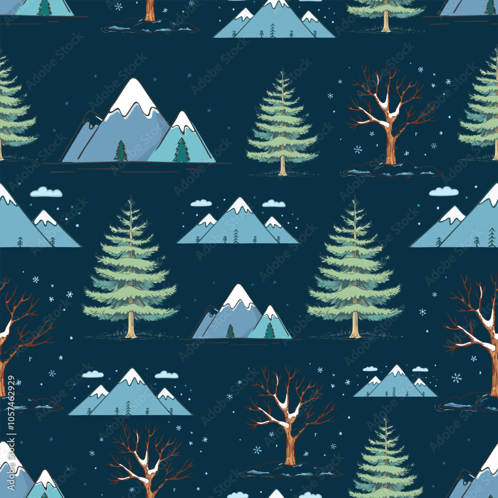 Obraz premium winter nature seamless pattern of mountains and trees