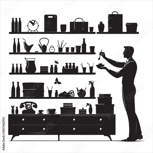 Black silhouette of a grocer weighing products on a white background