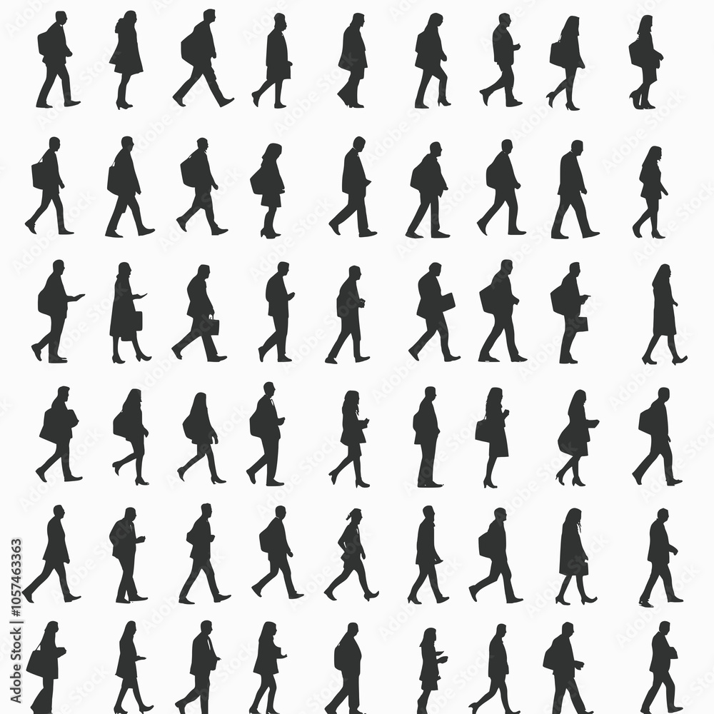 Fototapeta premium Isolated white background with 2d black silhouettes of business people. Flat Vector 