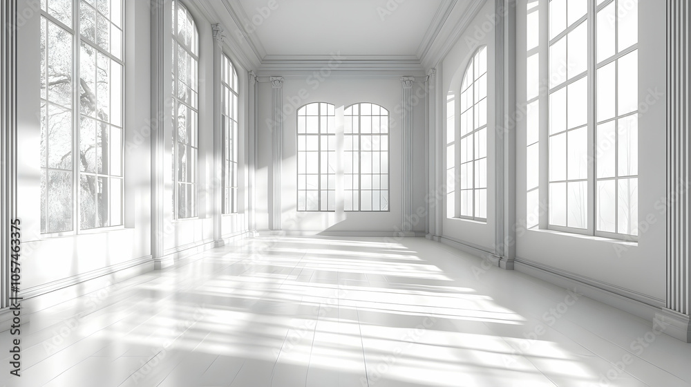 White Room with Large Windows and Sunlight 3D Illustration White Room with Large Windows and Sunlight 3D Illustration