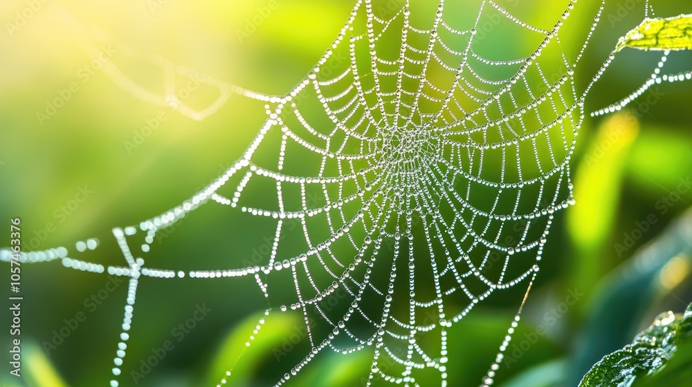 Spider web adorned with water droplets on a vibrant green backdrop after rainfall Spider web adorned with water droplets on a vibrant green backdrop after rainfall