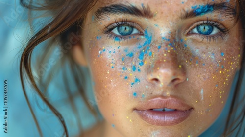 close-up portrait of a young woman with colorful Holi powder on her face, her eyes sparkling with joy. Painterly style, vibrant colors photo