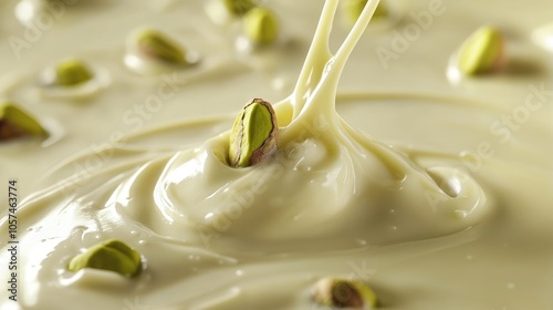 Pistachio drops onto a smooth layer of melted white chocolate captured in a time lapse style showcasing professional photography techniques photo