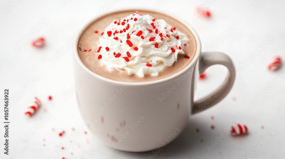 A steaming mug of peppermint mocha topped with whipped cream and peppermint sprinkles set against a white background A steaming mug of peppermint mocha topped with whipped cream and peppermint sprinkles set against a white background