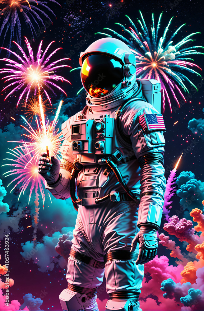 Retro-Futuristic Astronaut with Fireworks in Neon Space Retro-Futuristic Astronaut with Fireworks in Neon Space