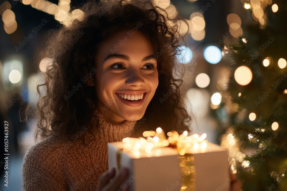 A woman with curly hair in a cozy sweater admires a glowing gift box next to a Christmas tree, reflecting the warmth and magic of the holiday season. A woman with curly hair in a cozy sweater admires a glowing gift box next to a Christmas tree, reflecting the warmth and magic of the holiday season.