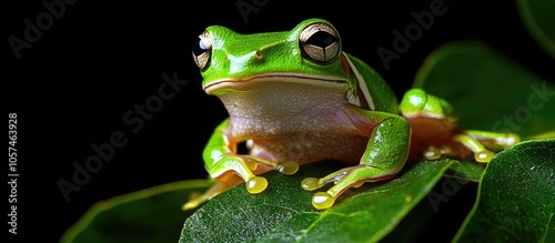 White Lipped Tree Frog Litoria Infrafrenata On Green Leaves White Lipped Tree Frog Litoria Infrafrenata Closeup White Lipped Tree Frog Isolated On Black Background photo