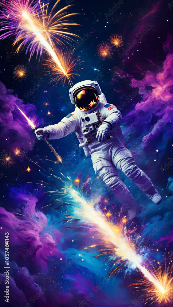 Obraz premium Cosmic Astronaut Fireworks in Surreal Abstract Scene