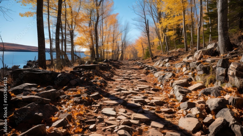 A winding stone path through autumnal forest, sunlight dappling the ground, showcasing the beauty of nature's artistry. A winding stone path through autumnal forest, sunlight dappling the ground, showcasing the beauty of nature's artistry.