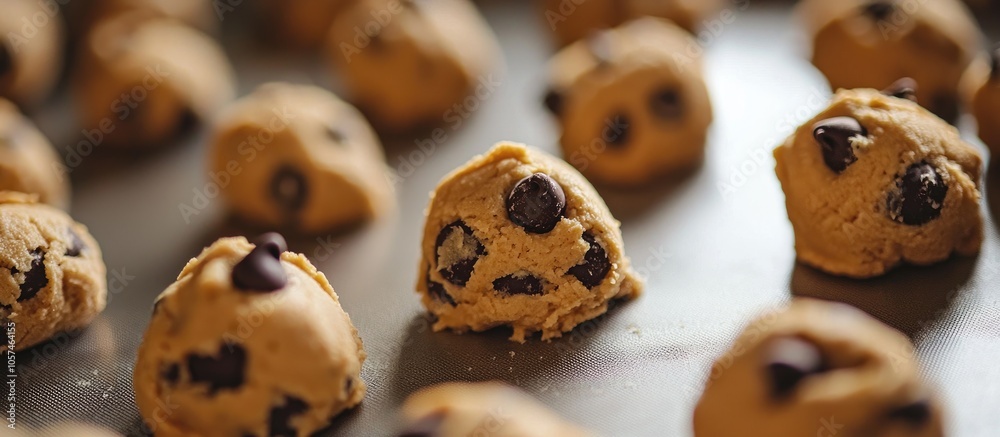 A Close Up Of Raw Chocolate Chip Cookie Dough Rolled Into Balls On A Baking Sheet A Close Up Of Raw Chocolate Chip Cookie Dough Rolled Into Balls On A Baking Sheet