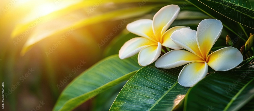 Obraz premium Frangipani Flowers Blooming On Green Leaves Background Closeup In The Garden