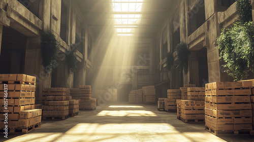 Wallpaper Mural Sunbeams in the Warehouse: A captivating, industrial setting with towering concrete walls, sunlight streaming through a skylight, casting ethereal rays on the stacked wooden crates. Torontodigital.ca