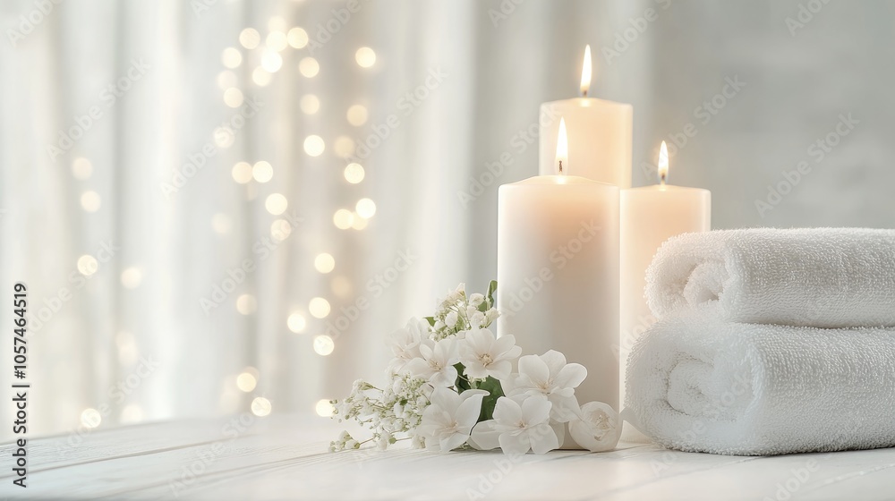 Elegantly arranged candles and towels on a white wooden table with a soft light background offering ample space for text creating a serene and inviting atmosphere Elegantly arranged candles and towels on a white wooden table with a soft light background offering ample space for text creating a serene and inviting atmosphere