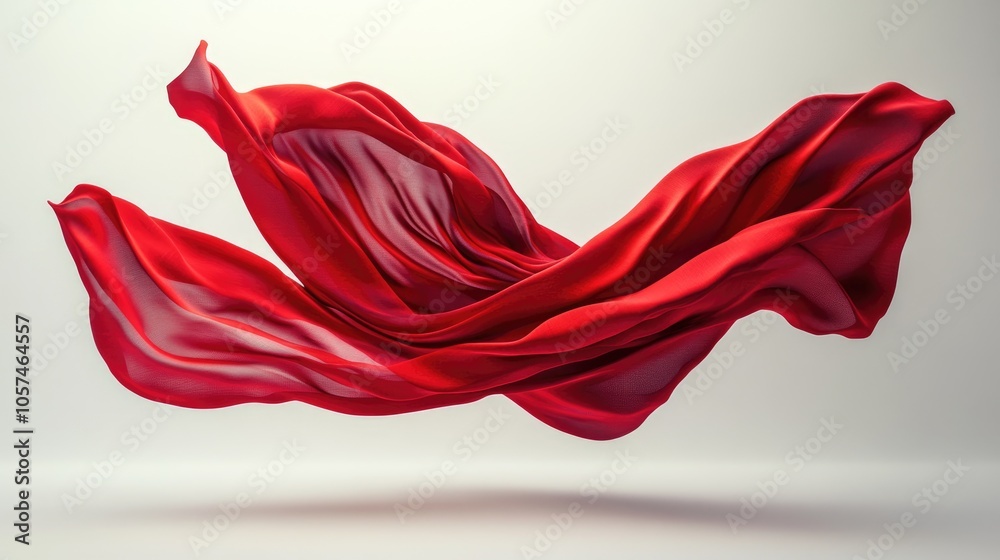 Elegant red fabric floating in the air showcasing its graceful movement Elegant red fabric floating in the air showcasing its graceful movement