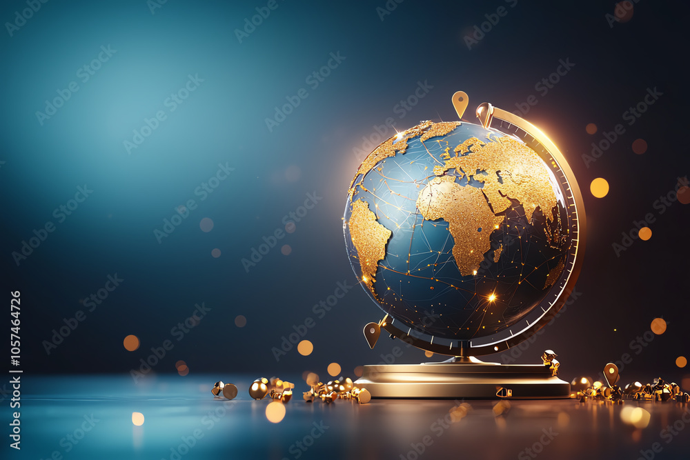 Globe with navigation pins, regional highlights, 3D illustration Globe with navigation pins, regional highlights, 3D illustration