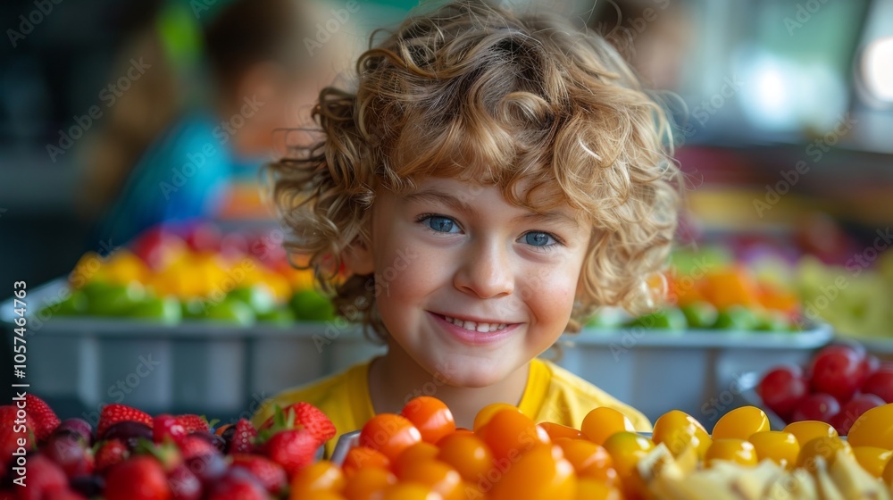 Fototapeta premium Healthy Lifestyle . Rainbow Method balanced eating. A scene of a child enjoying a rainbow bento box at school, representing the importance of teaching kids about healthy eating habits.