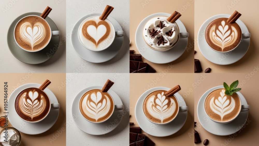 Different cappuccino styles with flavor accents like vanilla, caramel, and mocha.