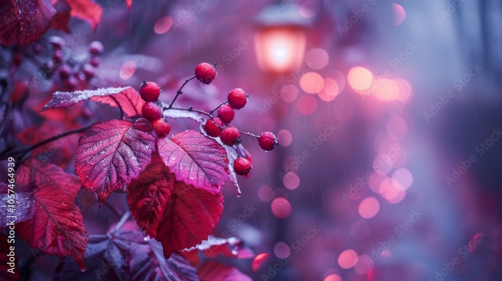 Autumn or fall season. Foggy red and purple floral arrangement, beautifully blending autumn leaves and berries, evoking a mystical and romantic atmosphere.
