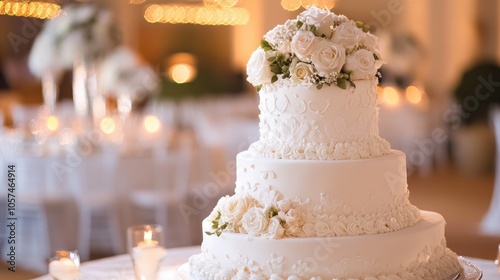 Elegant wedding cake with a stylish design featuring a pristine white finish Perfect centerpiece for any upscale wedding celebration photo